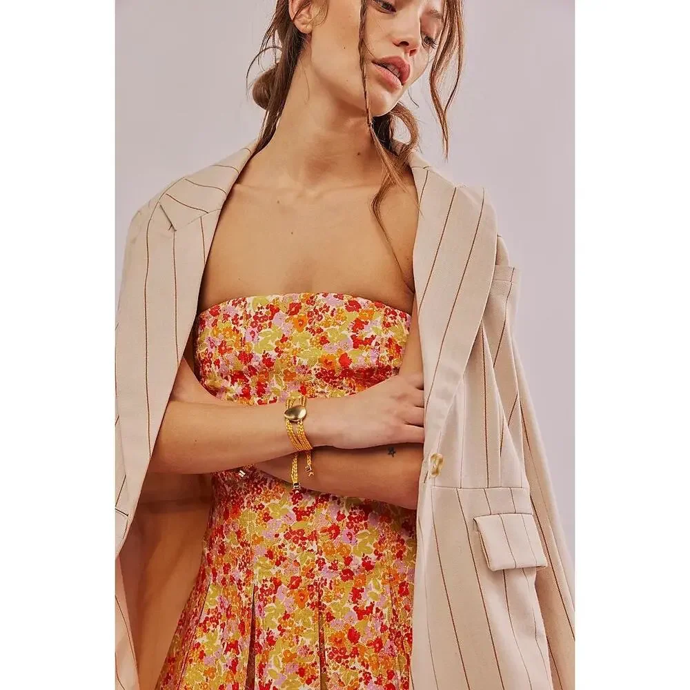 New Free People Made Me Smile Floral Mini Dress $128 X-LARGE Orange STRAPLESS